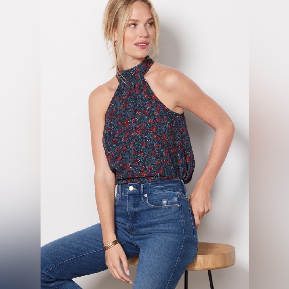 Sz M Evereve Margo Halter Top Floral Sleeveless Blouse blue green